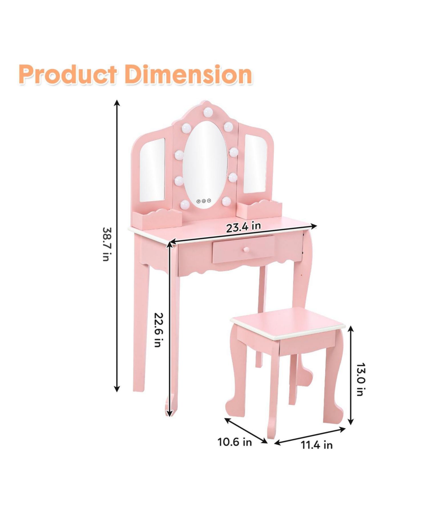 Toddler Vanity Set with 3-Panel Mirror and Stool