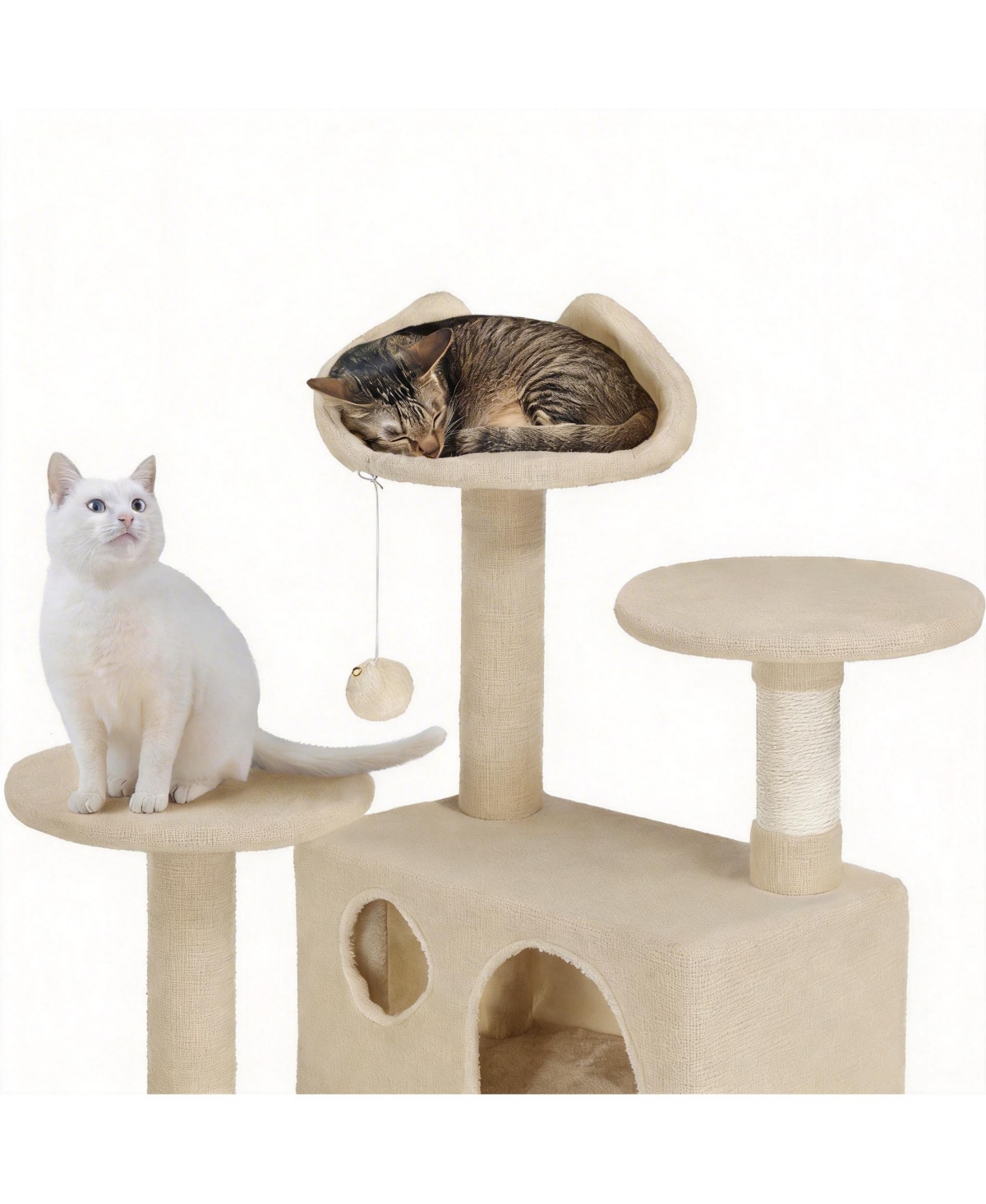 Aronkl Multi-level Cat Tree Tower with Cat-ear Perch 2 Caves Sisal Posts Climbing Ladder Replaceable Balls Pet Activity Center