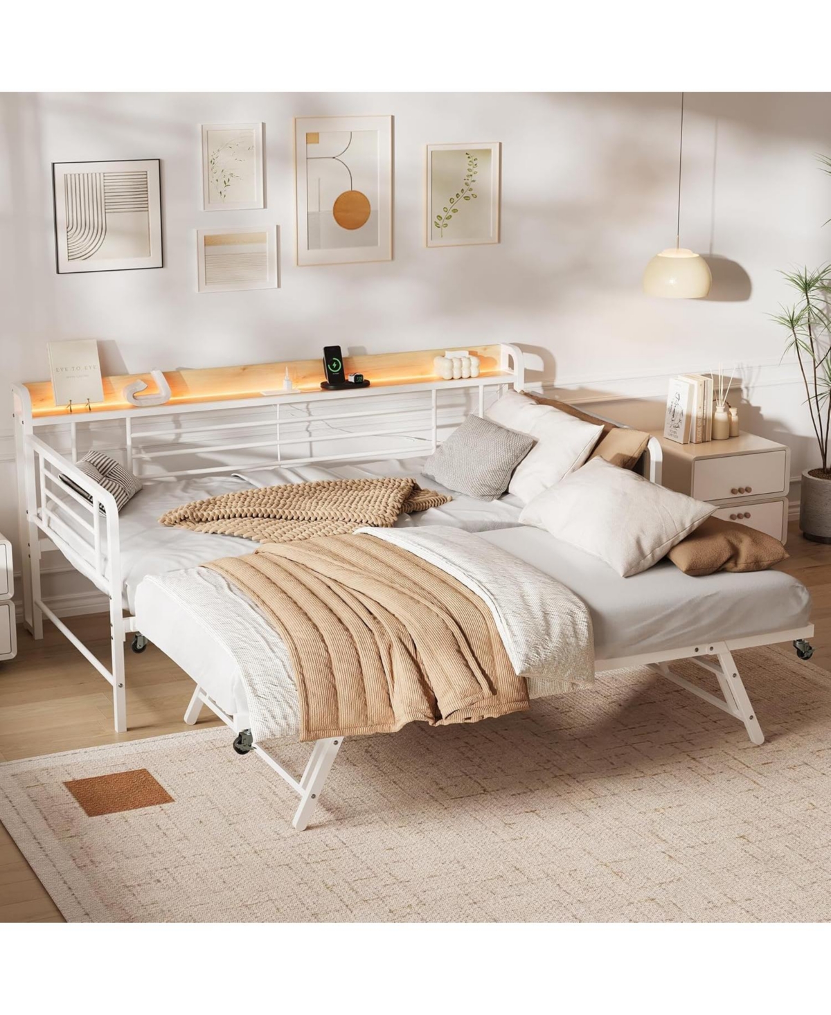 gaomon Daybed with Trundle Bed, Twin Bed Frame with Storage Headboard & Charging Station and Led Light, Heavy Duty Metal Day Bed Pop Up Trundle Bed
