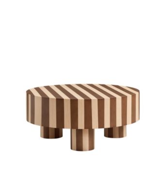 Round Wood Coffee Table with Oak Veneer, Striped Finish for Living Room Accent