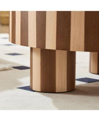 Round Wood Coffee Table with Oak Veneer, Striped Finish for Living Room Accent