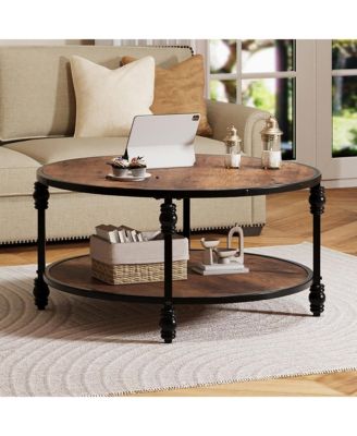 31" Round Industrial 2-Tier Wood Coffee Table with Open Storage Shelf