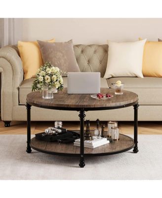 Round Rustic 2-Tier Wood Coffee Table with Metal Legs and Storage Shelf