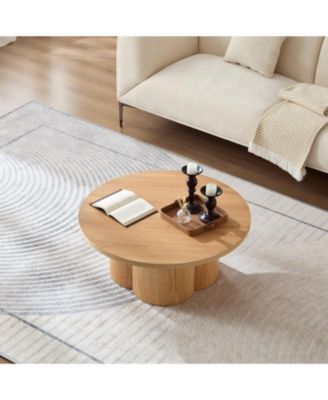 Modern Round Coffee Table with Curved Legs, Natural Wood Veneer Accent for Living Room, Bedroom, Apartment