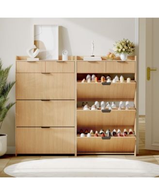 Modern Natural Shoe Cabinet with 3 Flip Drawers & 2 Small Drawers & Hook, Slim Fluted Shoe Storage Organizer, Narrow Entryway Cabinet