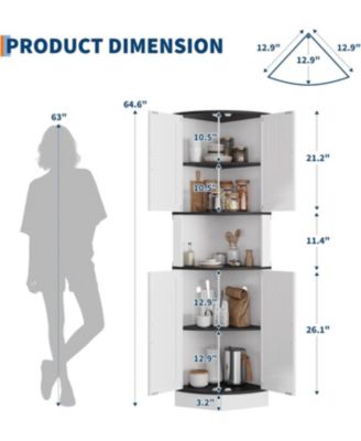 64.6" Farmhouse Corner Cabinet with LED Light, Tall Bathroom Cabinet with 4 Barn Doors and 5 Tier Shelves, Freestanding Corner Bar Cabinet