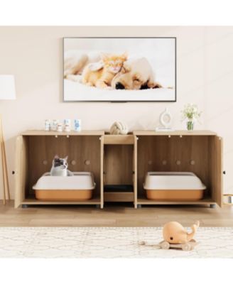 Cat Litter Box Enclosure 55.1" Double Litter Box Furniture Large Cat Box Enclosure Kitty Litter Box for 2 Cats Hidden Cat Litter Cabinet