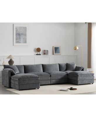 136" Chenille Modular Sectional Sofa with Deep Seat & Movable Ottoman