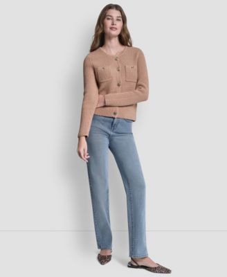 Women's Long-Sleeve Tuck Stitch Crewneck Cardigan