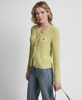 Women's Long-Sleeve Tuck Stitch Crewneck Cardigan