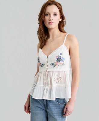Women's Cotton Floral-Trim Tiered Top
