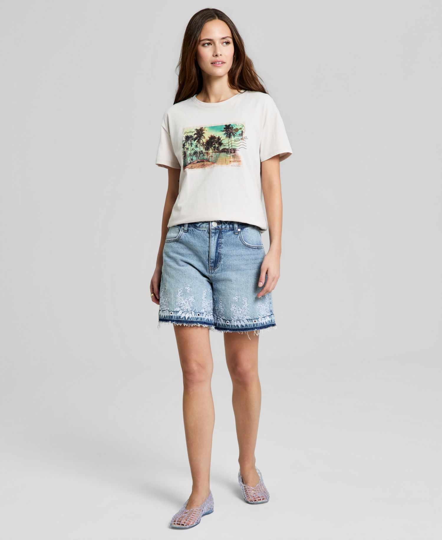 Women's High Rise Embroidered Denim Shorts