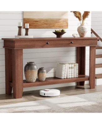 54" Wooden Console Table with 2 Drawers and Open Storage Shelf