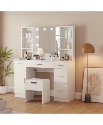 56" Farmhouse Makeup Vanity Set with Lighted Mirror, Shelves and Charging Station