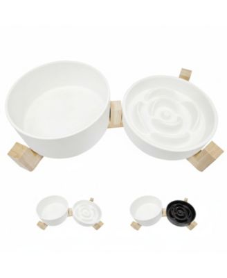 Ceramic Slow Feeder Dog Bowl Set with Wooden Stand Anti-Gulping Anti-Slip Dishwasher Safe