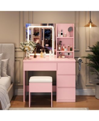 Makeup Vanity Desk Set with 3-Color Lighted Mirror, 4 Drawers, Shelves and Power Outlet