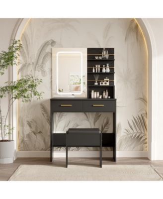 Makeup Vanity Set with Lighted Mirror, Chair, Drawers, Open Cabinet and Charging Station