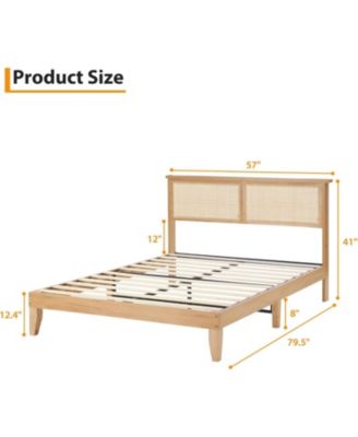 Full Bed Frame With Rattan Headboard and LED Lights Boho Platform Strong Wood Slats Noise Free No Box Spring
