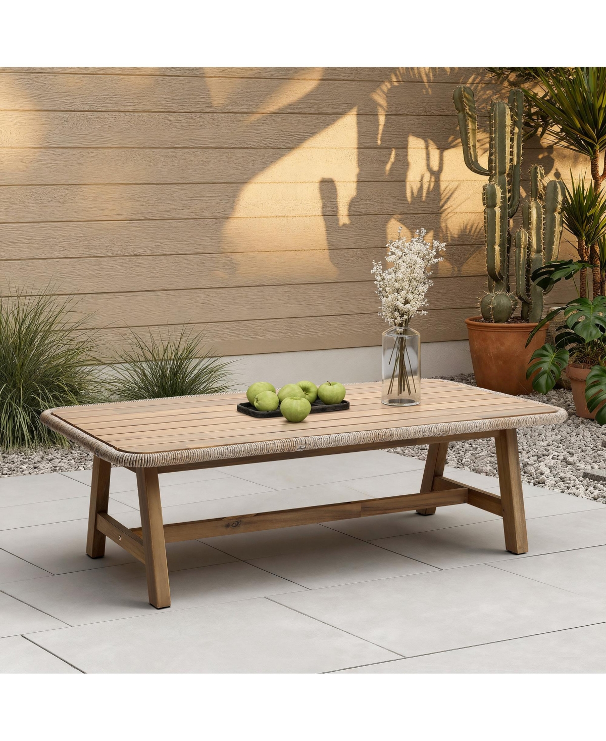 LuxenHome 47" Outdoor Coffee Table for Patio, Acacia Wood Patio Table with Woven Trim, Rectangular Outdoor Table for Patio, Balcony, and Porch