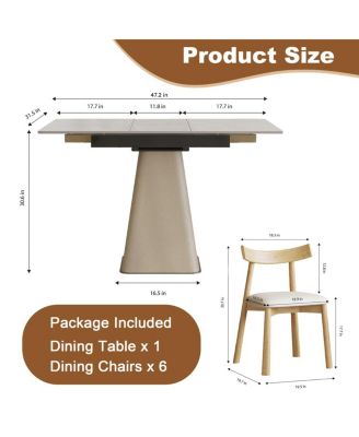 Retractable Rock Slab Dining Table Set, 7-Piece Expandable Table with 6 Chairs & Leather Base