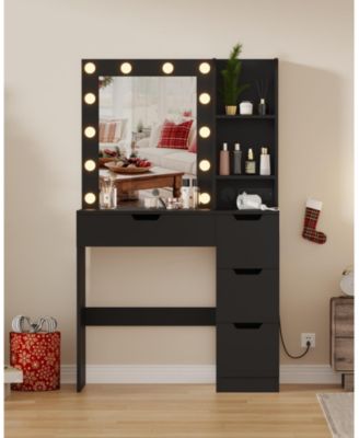 Modern Makeup Vanity Desk with Mirror, 4 Drawers, 3-Tier Storage and Power Outlet