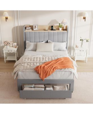 Bed Frame Upholstered With Storage Headboard Drawers Charging Platform Bed Wooden Slats