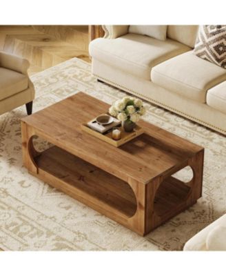 Solid Wood Coffee Table, 47.2" Farmhouse Wooden Center Tables, 2-Tier Rectangular Cocktail Tea Table