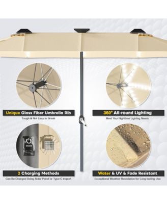 15ft Double-Sided Patio Umbrella with Solar Lights with Base Include Crank Handle|156 Piece LED Lights