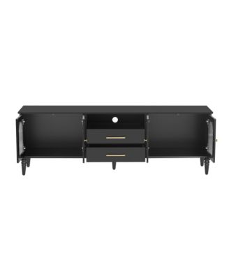  68.9" Retro TV Stand - Fluted Glass Doors, Wood Legs