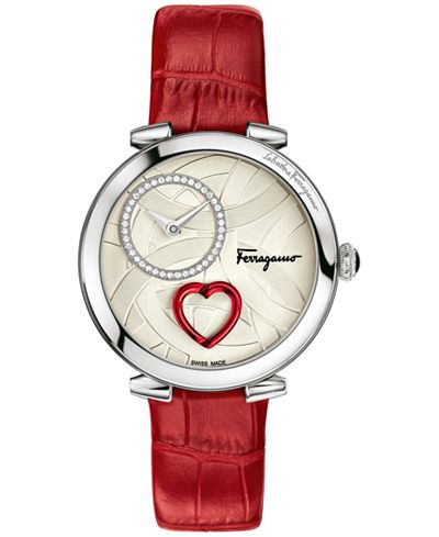 Ferragamo Women's Swiss Cuore Diamond (1/6 ct. t.w.) Red Leather Strap Watch 39mm FE203 0016