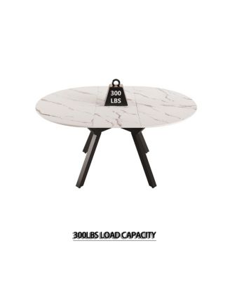 Expandable circular dining table set with 4 cushioned chairs.