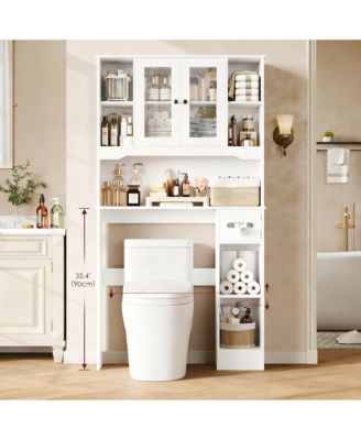 Over Toilet Storage Cabinet 2 Glass Doors Paper Holder Adjustable Shelves Bathroom Laundry