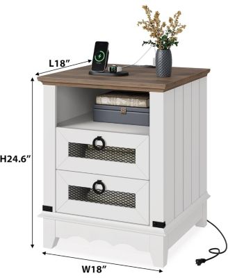 Farmhouse Nightstand with 2 Drawers, Open Cubby and Charging Station