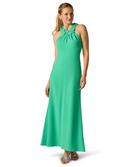 Petite Embellished Rosette Halter Gown  - Flora Green