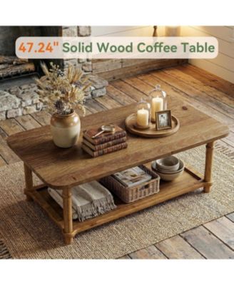 47" Rectangle Coffee Table, Solid Wood Center Table with 2-Tier Storage