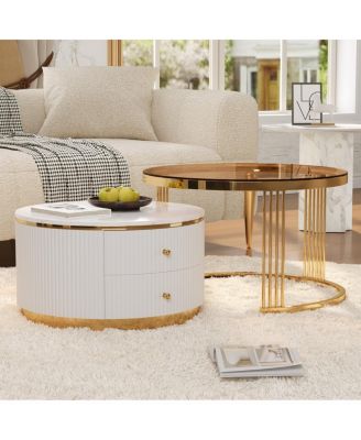 Modern 2-Piece Round Nesting Coffee Table with Drawers & Glass Top