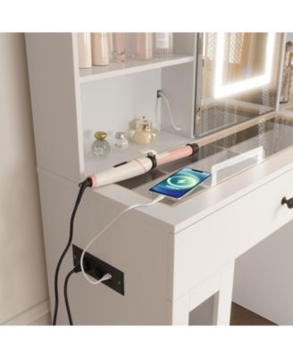 Large Makeup Vanity Desk with 3-Color LED Sliding Mirror, Drawers and Power Outlets