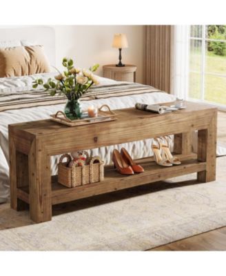 47.24" Solid Wood Entryway Bench, 2-Tier Narrow Rustic Wooden Shoe Bench