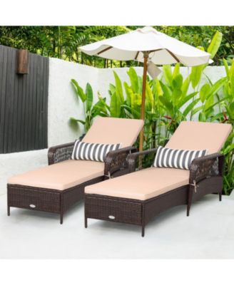 Set of 2 PE Rattan Chaise Lounge Chair Armrest Recliner Adjustable Pillow