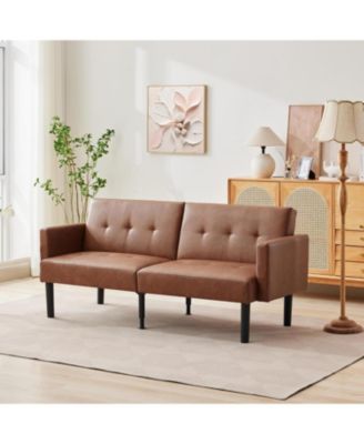 Mid-Century Futon Sofa Bed, 3-Seater Convertible Sleeper Loveseat, Chevron Tufting