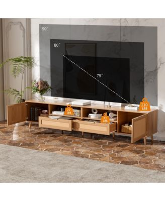 Rattan Cabinet TV Stand for TVs up to 90", Modern Farmhouse Media Console with Solid Wood Legs