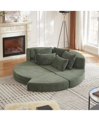 78.5-Inch Corduroy Semi-Circular 2-in-1 Sofa Bed with Neck Pillow & 5 Throw Pillows