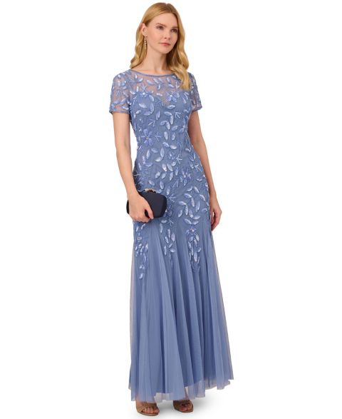 Женское платье Adrianna Papell Floral-Beaded Gown, цвет: Синий