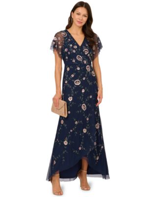 Women's Bead Flutter-Sleeve Midi Mesh Dress