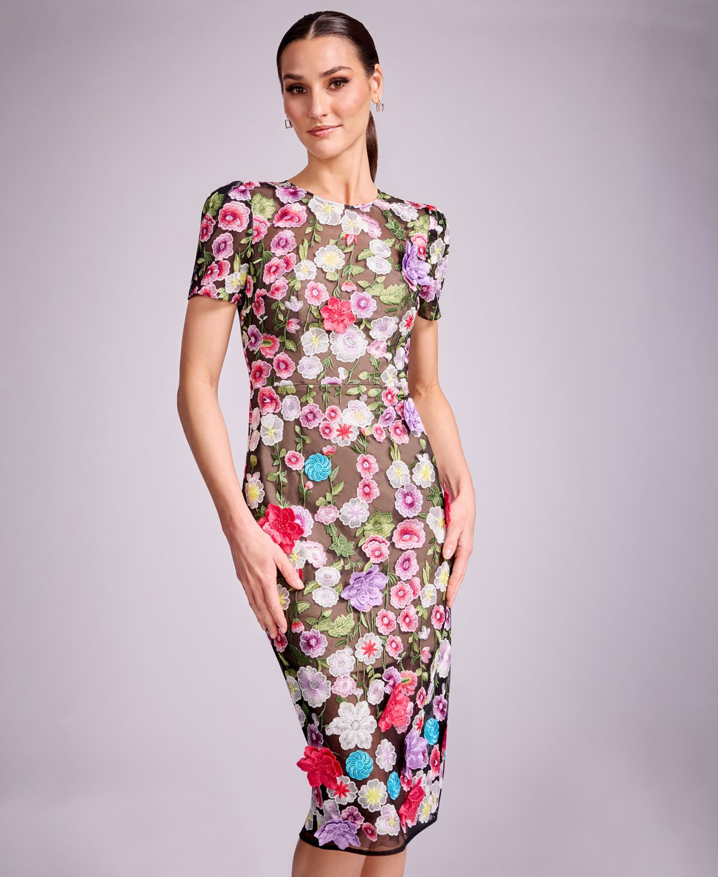 Женское платье Dress the Population Puff Short-Sleeve Bodycon Midi, цвет: Яркий розовый разноцветный — фото 6