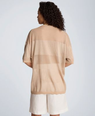 Women's Shiny Semi-Sheer Stripe Crewneck Top