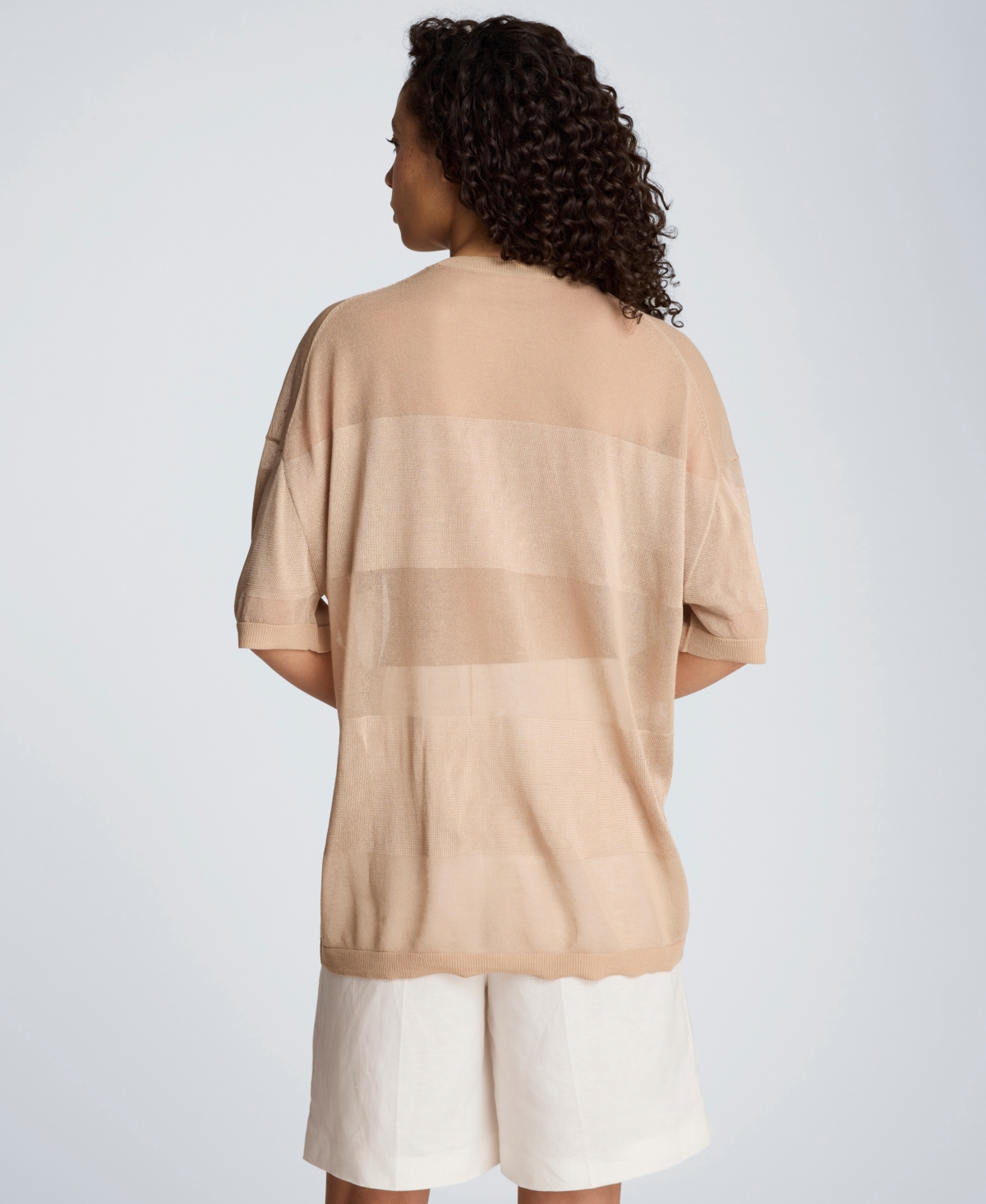 Kenneth Cole Women's Shiny Semi-Sheer Stripe Crewneck Top