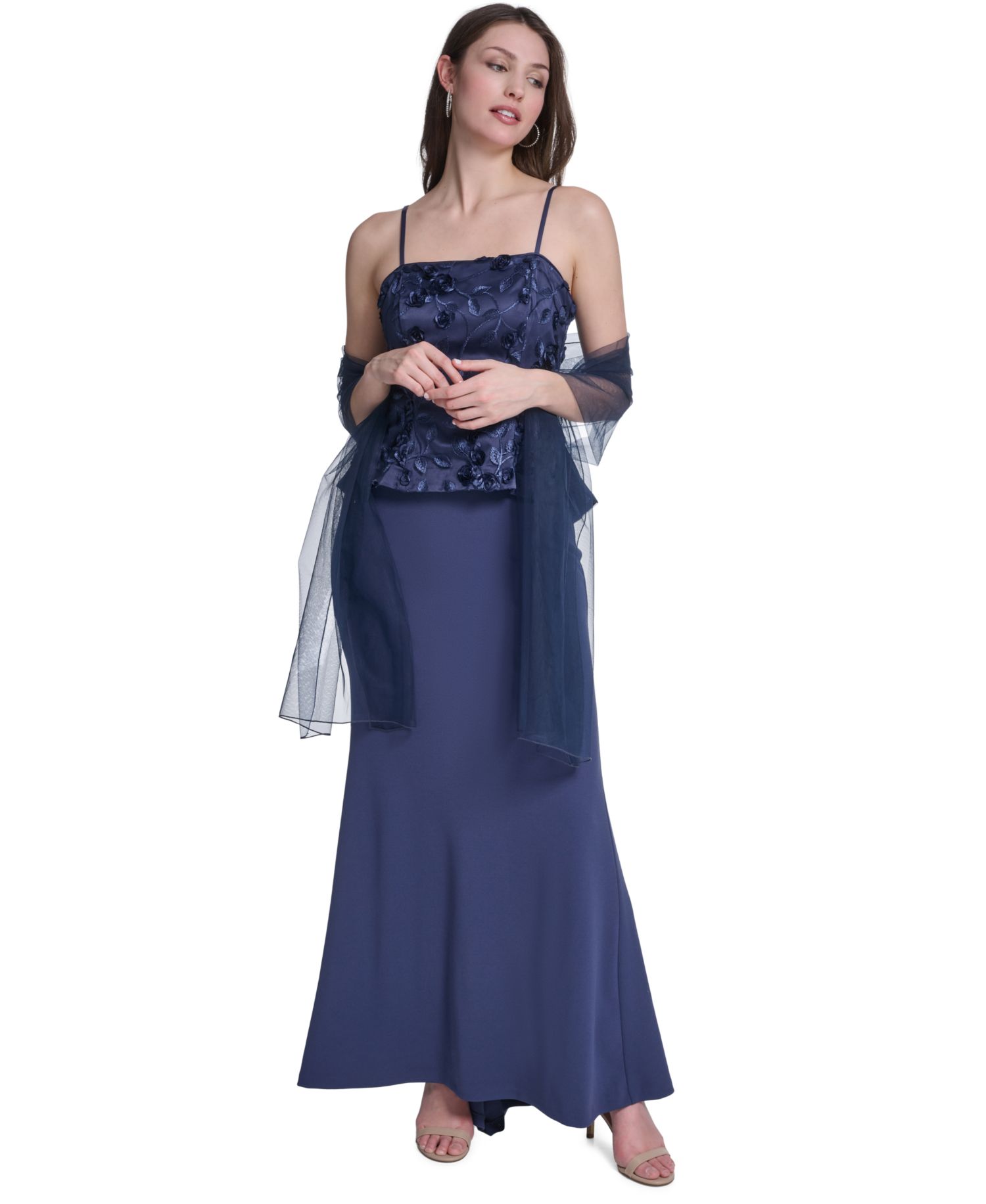 Women's Spaghetti Strap Combo Overlay Top Mermaid Gown