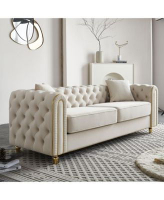 86" Beige Tufted Sofa with Toss Pillows