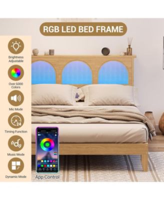 Boho Rattan Bed Frame Wood Platform Smart RGB LED Rattan Headboard Under Storage No Box Spring Easy Assembly
